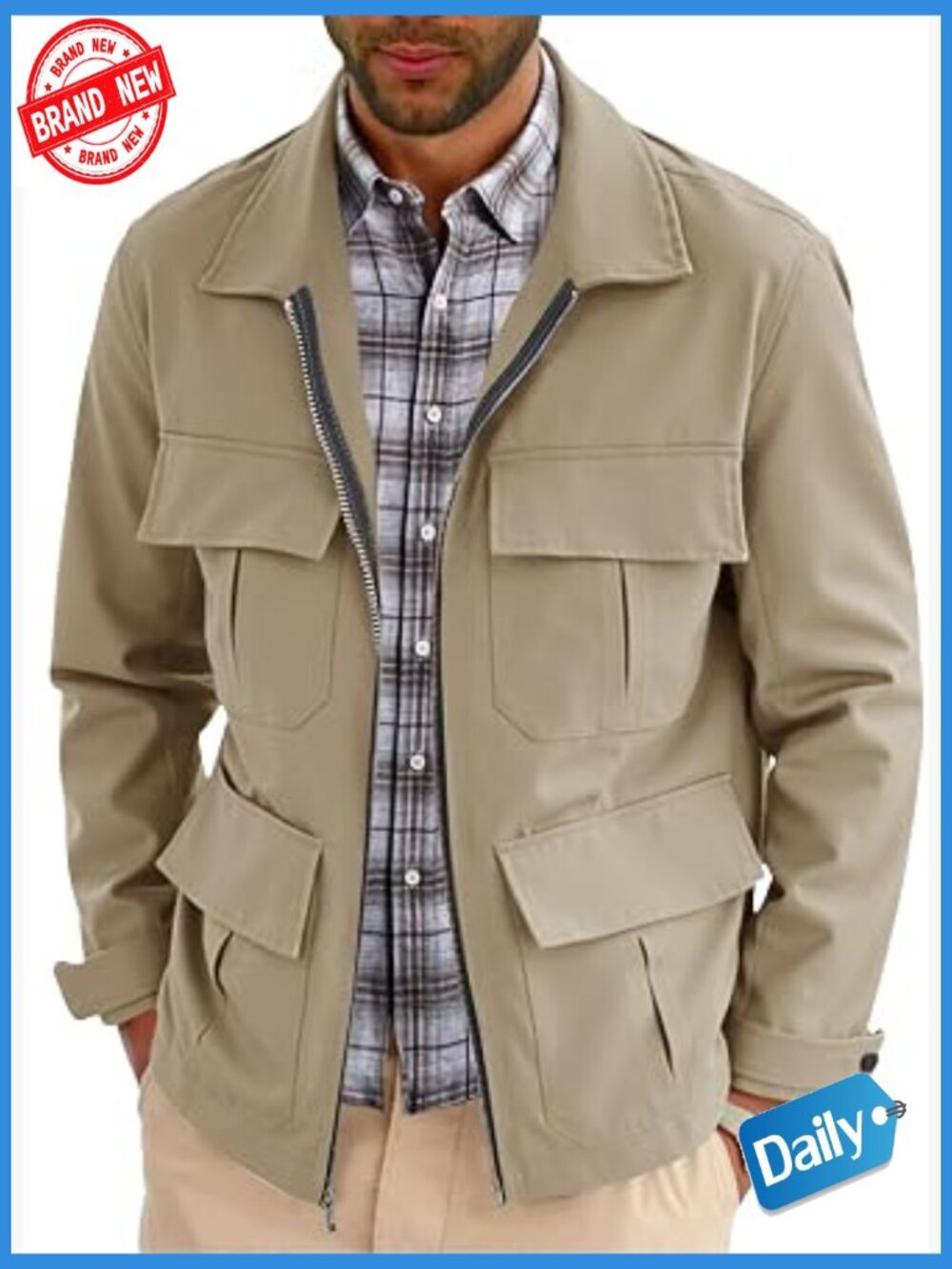 Men's Military Safari Jacket Full Zip Multi Pocket Field Coat